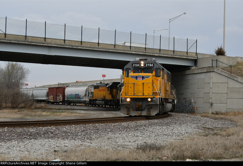 UP 2184 drags a freight on the trra.